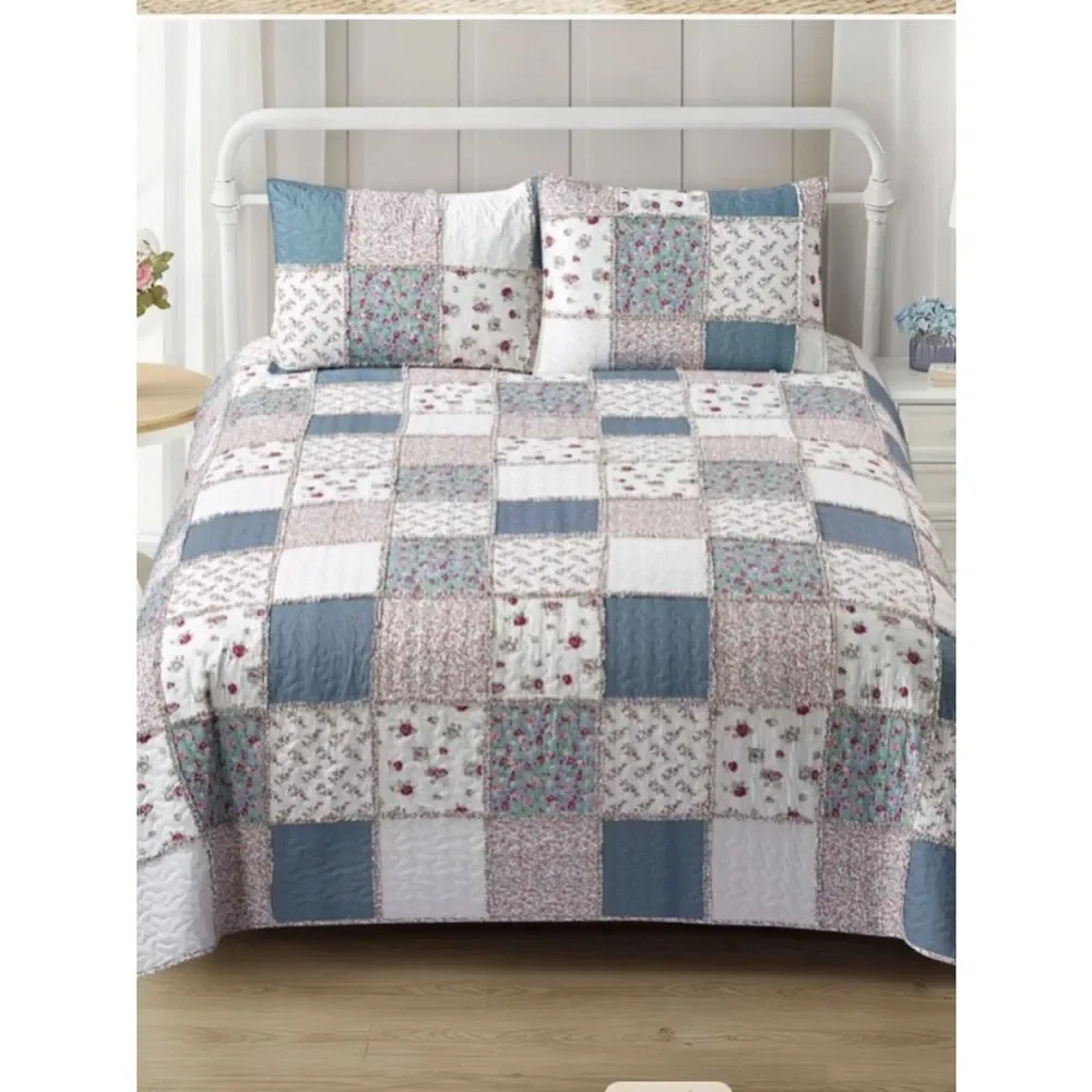 Cottage Farmhouse Patchwork Queen Rag Quilt Set Printed Floral Pattern Country